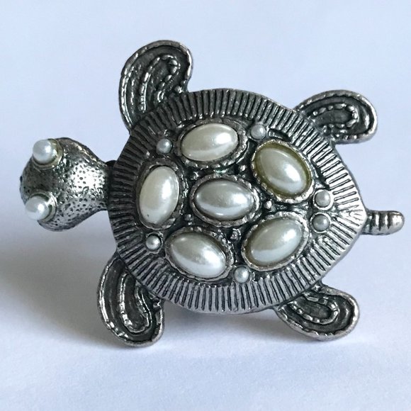 Vintage Turtle Cocktail Ring Silver Tone Adjustable Size 7 8 9 Sea Life Pearl - Picture 5 of 11
